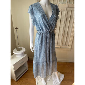 Women's Genhoo Blue & White Floral V-Neck Midi Dress